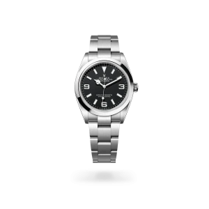 Rolex Explorer 36 in Oystersteel with a white dial, smooth bezel, and Oyster bracelet - Crisson
