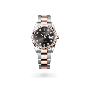 Rolex Datejust 36 in Oystersteel and Everose gold with a bright black dial with diamonds, fluted bezel, and Oyster bracelet - Crisson
