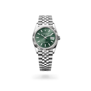 Rolex Datejust 36 in Oystersteel and white gold with a mint green dial, fluted bezel, and Jubilee bracelet - Crisson