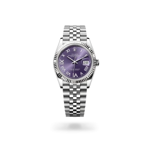 Rolex Datejust 36 in Oystersteel and white gold with a Aubergine dial set with diamonds, fluted bezel, and Jubilee bracelet, m126234-0063 - Crisson
