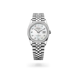 Rolex Datejust 36 in Oystersteel, white gold and diamonds with a white mother-of-pearl dial with diamonds, bezel with diamonds, and Jubilee bracelet - Crisson