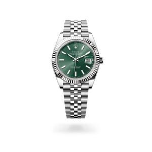 Rolex Datejust 41 in Oystersteel and white gold with a Mint green dial, fluted bezel, and Jubilee bracelet, m126334-0028 - Crisson