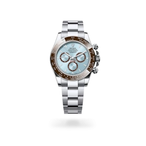 Rolex Cosmograph Daytona in platinum with an ice blue dial, chestnut brown monobloc Cerachrom bezel, and Oyster bracelet - Crisson
