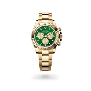 Rolex Cosmograph Daytona in yellow gold with bright green and golden dial, fixed bezel, and Oyster bracelet - Crisson