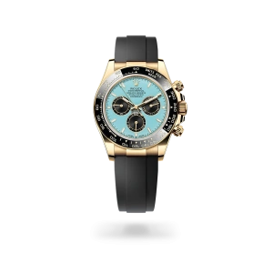 Rolex Cosmograph Daytona in yellow gold with turquoise blue and black dial, black monobloc Cerachrom bezel, and Oysterflex bracelet - Crisson