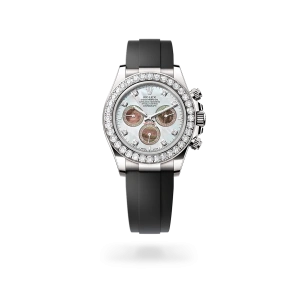 Rolex Cosmograph Daytona in white gold and diamonds with white and black mother-of-pearl dial, bezel set with diamonds, and Oysterflex bracelet - Crisson