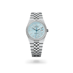 Rolex Land-Dweller 36 in platinum and diamonds with an Ice blue dial, bezel set with diamonds, and flat Jubilee bracelet - Crisson