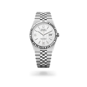 Rolex Land-Dweller 40 in Oystersteel and white gold with an Intense white dial, fluted bezel, and flat Jubilee bracelet - Crisson