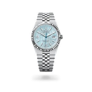 Rolex Land-Dweller 40 in Platinum with an Ice blue dial, fluted bezel, and flat Jubilee bracelet - Crisson