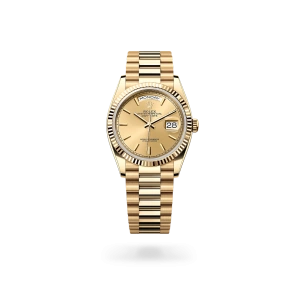 Rolex Day-Date 36 in yellow gold with a champagne-colour dial, fluted bezel, and President bracelet - Crisson