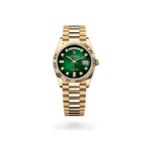 Rolex Day-Date 36 in yellow gold with a Green ombré dial set with diamonds, fluted bezel, and President bracelet, m128238-0069 - Crisson