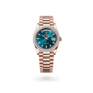 Rolex Day-Date 36 in Everose gold and diamonds, blue-green dial with diamonds, bezel with diamonds, and President bracelet - Crisson