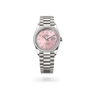 Rolex Day-Date 36 in white gold and diamonds, pink dial with diamonds, bezel with diamonds, and President bracelet - Crisson