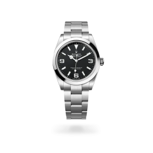 Rolex Explorer 40 in Oystersteel with a black dial, smooth bezel, and Oyster bracelet - Crisson