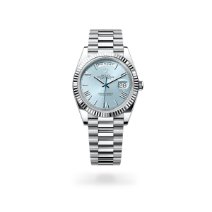 Rolex Day-Date 40 in platinum with an ice-blue dial, fluted bezel, and President bracelet - Crisson