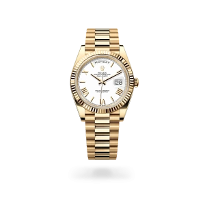 Rolex Day-Date 40 in yellow gold with a white dial, fluted bezel, and President bracelet - Crisson