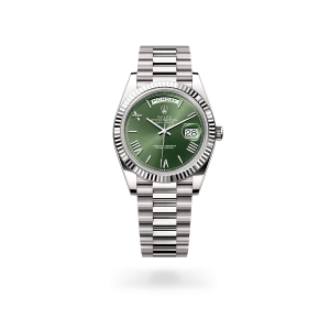Rolex Day-Date 40 in white gold with an olive green dial, fluted bezel, and President bracelet - Crisson
