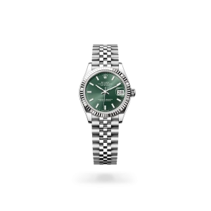 Rolex Datejust 31 in Oystersteel and white gold with a mint green dial, fluted bezel, and Jubilee bracelet - Crisson