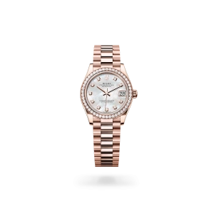 Rolex Datejust 31 in Everose gold and diamonds with a white mother-of-pearl dial with diamonds, bezel with diamonds, and President bracelet - Crisson