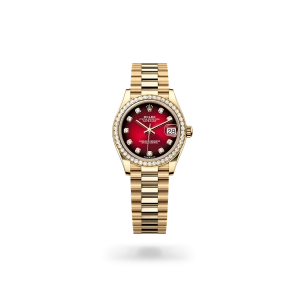 Rolex Datejust 31 in yellow gold and diamonds with a Red ombré dial with diamonds, bezel with diamonds, and President bracelet - Crisson