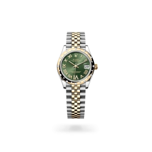 Rolex Datejust 31 in Oystersteel, yellow gold and diamonds with an Olive green dial with diamonds, domed bezel with diamonds, and Jubilee bracelet - Crisson