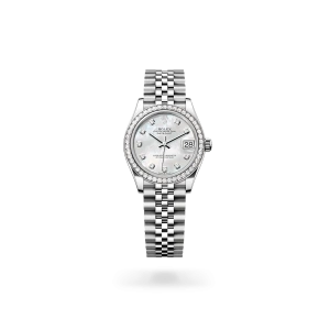 Rolex Datejust 31 in Oystersteel, white gold and diamonds with a white mother-of-pearl dial with diamonds, bezel with diamonds, and Jubilee bracelet - Crisson