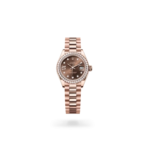 Rolex Lady-Datejust 28 in Everose gold and diamonds, with a chocolate dial with diamonds, bezel with diamonds, and President bracelet - Crisson