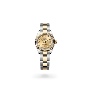 Rolex Lady-Datejust 28 in Oystersteel and yellow gold with a champagne-colour dial with diamonds, fluted bezel, and Oyster bracelet - Crisson