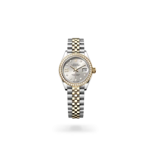 Rolex Lady-Datejust 28 in Oystersteel, yellow gold and diamonds, with a silver dial with diamonds, bezel with diamonds, and Jubilee bracelet - Crisson