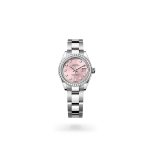 Rolex Lady-Datejust 28 in Oystersteel, white gold and diamonds, with a pink dial with diamonds, bezel with diamonds, and Oyster bracelet - Crisson