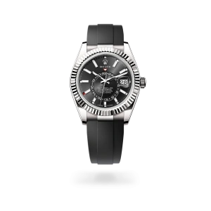 Rolex Sky-Dweller in white gold with a bright black dial, fluted bezel, and Oysterflex bracelet - Crisson
