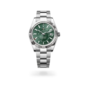 Rolex Sky-Dweller in Oystersteel and white gold with a mint green dial, fluted bezel, and Oyster bracelet - Crisson