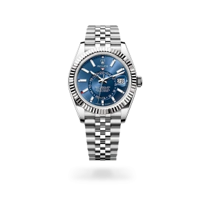 Rolex Sky-Dweller in Oystersteel and white gold with a Bright blue dial, fluted bezel, and Jubilee bracelet, m336934-0006 - Crisson