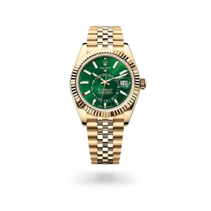 Rolex Sky-Dweller in yellow gold with a bright green dial, fluted bezel, and Jubilee bracelet - Crisson