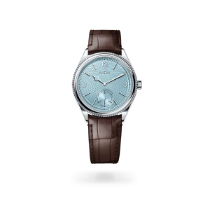 Rolex 1908 in platinum with an Ice blue dial, domed and fluted bezel, and leather bracelet - Crisson