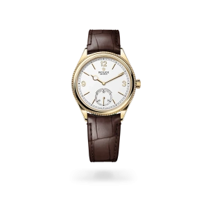 Rolex 1908 in yellow gold with an intense white dial, domed and fluted bezel, and leather bracelet - Crisson