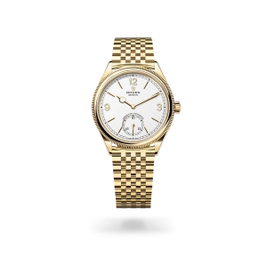Rolex 1908 in yellow gold with an intense white dial, domed and fluted bezel, and Settimo bracelet - Crisson