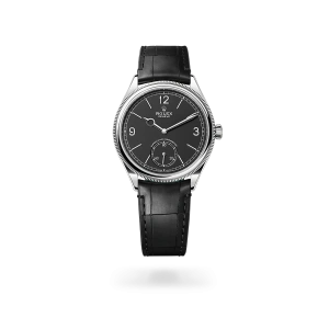 Rolex 1908 in white gold with an intense black dial, domed and fluted bezel, and leather bracelet -  Crisson