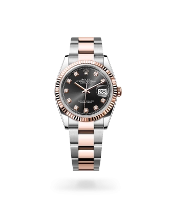 Rolex Datejust 36 in Oystersteel and Everose gold with a bright black dial with diamonds, fluted bezel, and Oyster bracelet - Crisson