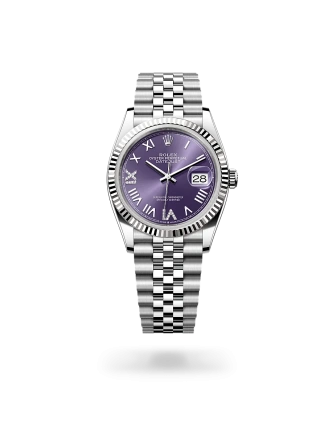 Rolex Datejust 36 in Oystersteel and white gold with a Aubergine dial set with diamonds, fluted bezel, and Jubilee bracelet, m126234-0063 - Crisson