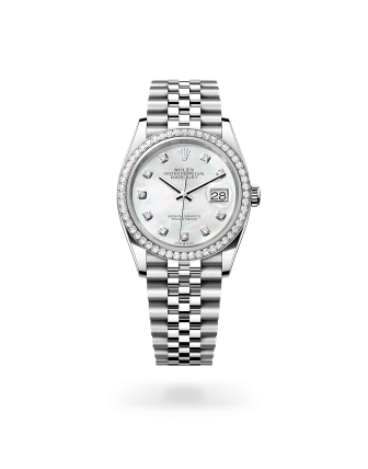 Rolex Datejust 36 in Oystersteel, white gold and diamonds with a white mother-of-pearl dial with diamonds, bezel with diamonds, and Jubilee bracelet - Crisson