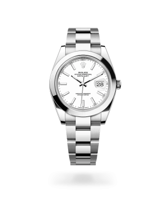 Rolex Datejust 41 in Oystersteel with a white dial, smooth bezel, and Oyster bracelet - Crisson