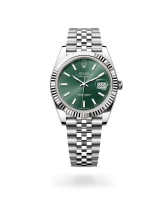 Rolex Datejust 41 in Oystersteel and white gold with a Mint green dial, fluted bezel, and Jubilee bracelet, m126334-0028 - Crisson