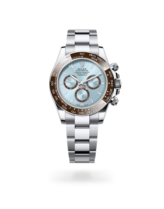 Rolex Cosmograph Daytona in platinum with an ice blue dial, chestnut brown monobloc Cerachrom bezel, and Oyster bracelet - Crisson