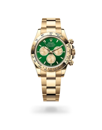 Rolex Cosmograph Daytona in yellow gold with bright green and golden dial, fixed bezel, and Oyster bracelet - Crisson