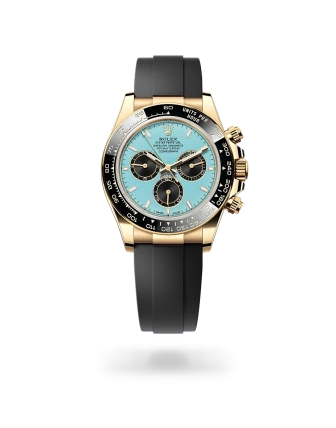 Rolex Cosmograph Daytona in yellow gold with turquoise blue and black dial, black monobloc Cerachrom bezel, and Oysterflex bracelet - Crisson
