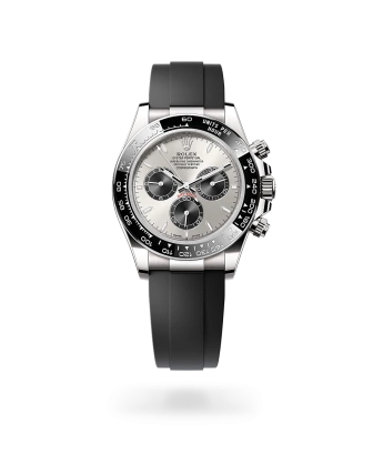 Rolex Cosmograph Daytona in white gold with steel and bright black dial, black monobloc Cerachrom bezel, and Oysterflex bracelet - Crisson