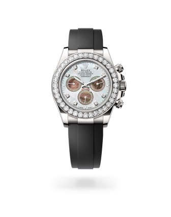 Rolex Cosmograph Daytona in white gold and diamonds with white and black mother-of-pearl dial, bezel set with diamonds, and Oysterflex bracelet - Crisson
