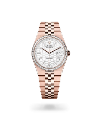 Rolex Land-Dweller 36 in Everose gold and diamonds with an intense white dial, fluted bezel, and flat Jubilee bracelet - Crisson