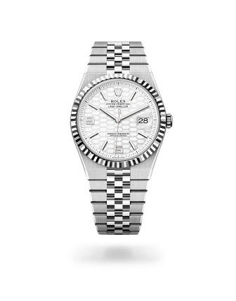 Rolex Land-Dweller 40 in Oystersteel and white gold with an Intense white dial, fluted bezel, and flat Jubilee bracelet - Crisson
